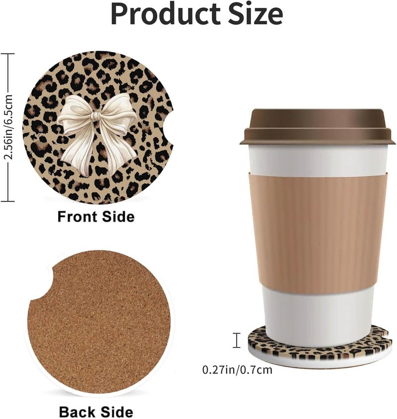 CTVSLFU Absorbent Car Coasters for Cup Holders, 2 Pack Universal Anti Slip Ceramic Cup Coaster for Women Men 2.56 Inch Car Interior Accessories - Bow Tie Brown Leopard 007 - Image 3